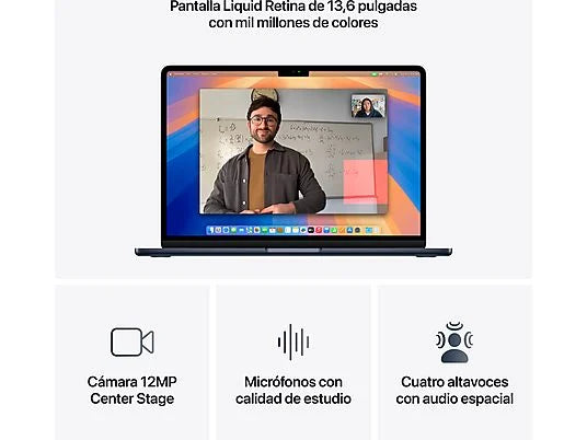 Apple Macbook Air (2025) 13.6" Retina, Chip M4 Apple, CPU de 10 núcleos, GPU de 8 núcleos, 16 GB RAM, 256GB de SSD, Medianoche