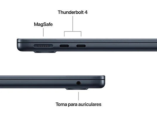 Apple MacBook Air (2024), 13,6" Retina, Chip M3 Apple, CPU de 8 núcleos, GPU de 10 núcleos, 16GB RAM, 256GB de SSD, USB-C 30W, Medianoche