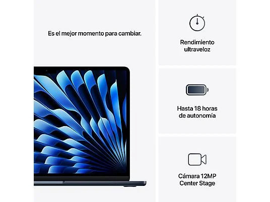Apple Macbook Air (2025) 13.6" Retina, Chip M4 Apple, CPU de 10 núcleos, GPU de 8 núcleos, 16 GB RAM, 256GB de SSD, Medianoche