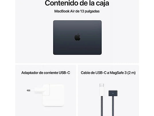 Apple MacBook Air (2024), 13,6" Retina, Chip M3 Apple, CPU de 8 núcleos, GPU de 10 núcleos, 16GB RAM, 256GB de SSD, USB-C 30W, Medianoche