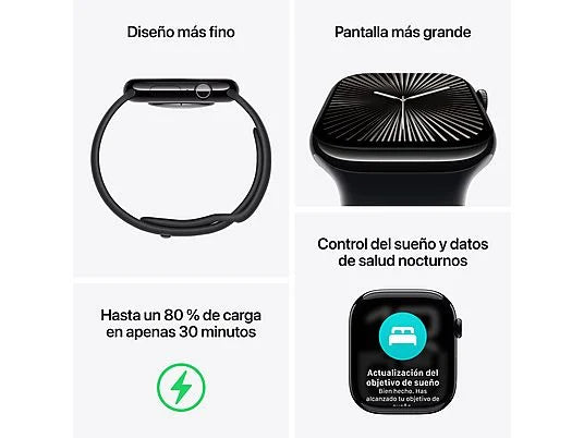 Apple Watch Series 10 (2024), GPS, 42 mm, Gesto de doble toque, Caja de aluminio plata, Correa deportiva Azul denim, Talla M/L