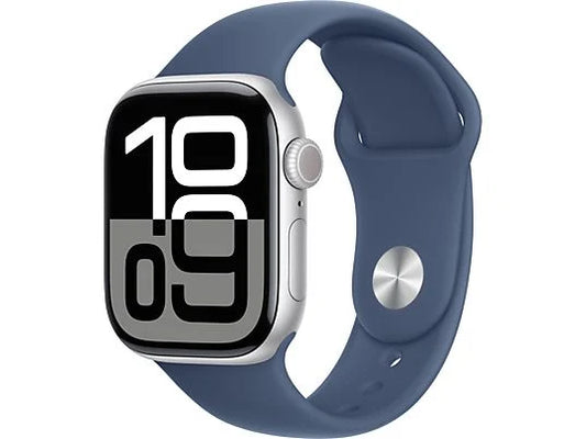 Apple Watch Series 10 (2024), GPS, 42 mm, Gesto de doble toque, Caja de aluminio plata, Correa deportiva Azul denim, Talla M/L