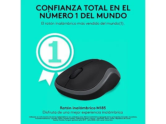 Ratón inalámbrico - Logitech M185, Nano receptor, 1000 ppp, Ambidiestro, 2.4GHz, 12 meses de pila, Windows-Mac, Negro y Gris